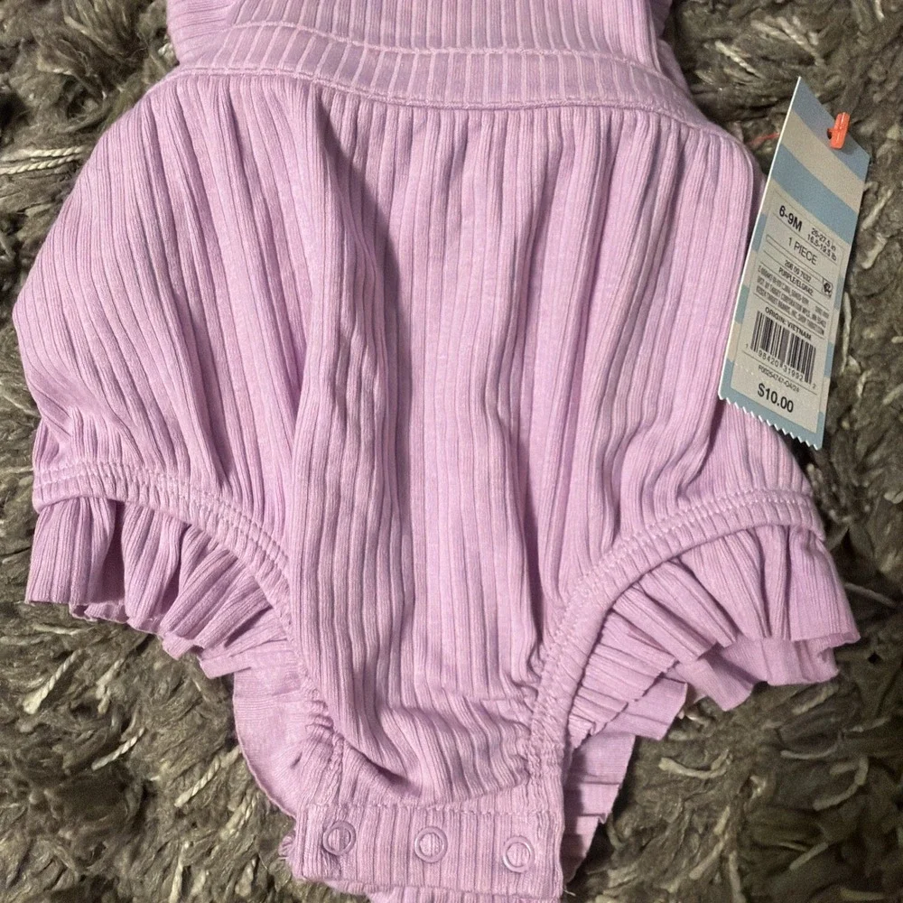 NWT Cat & Jack Baby Lavender Ruffled Romper 6-9 M Ribbed Cotton Blend Sleeveless